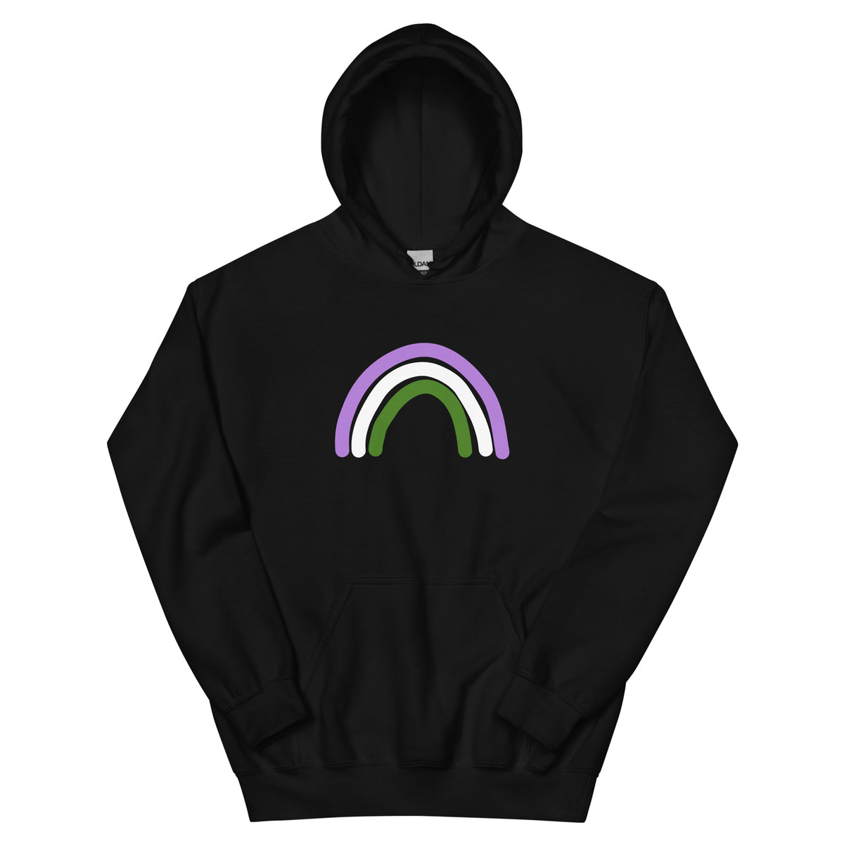 Genderqueer Rainbow Unisex Hoodie in black, front view