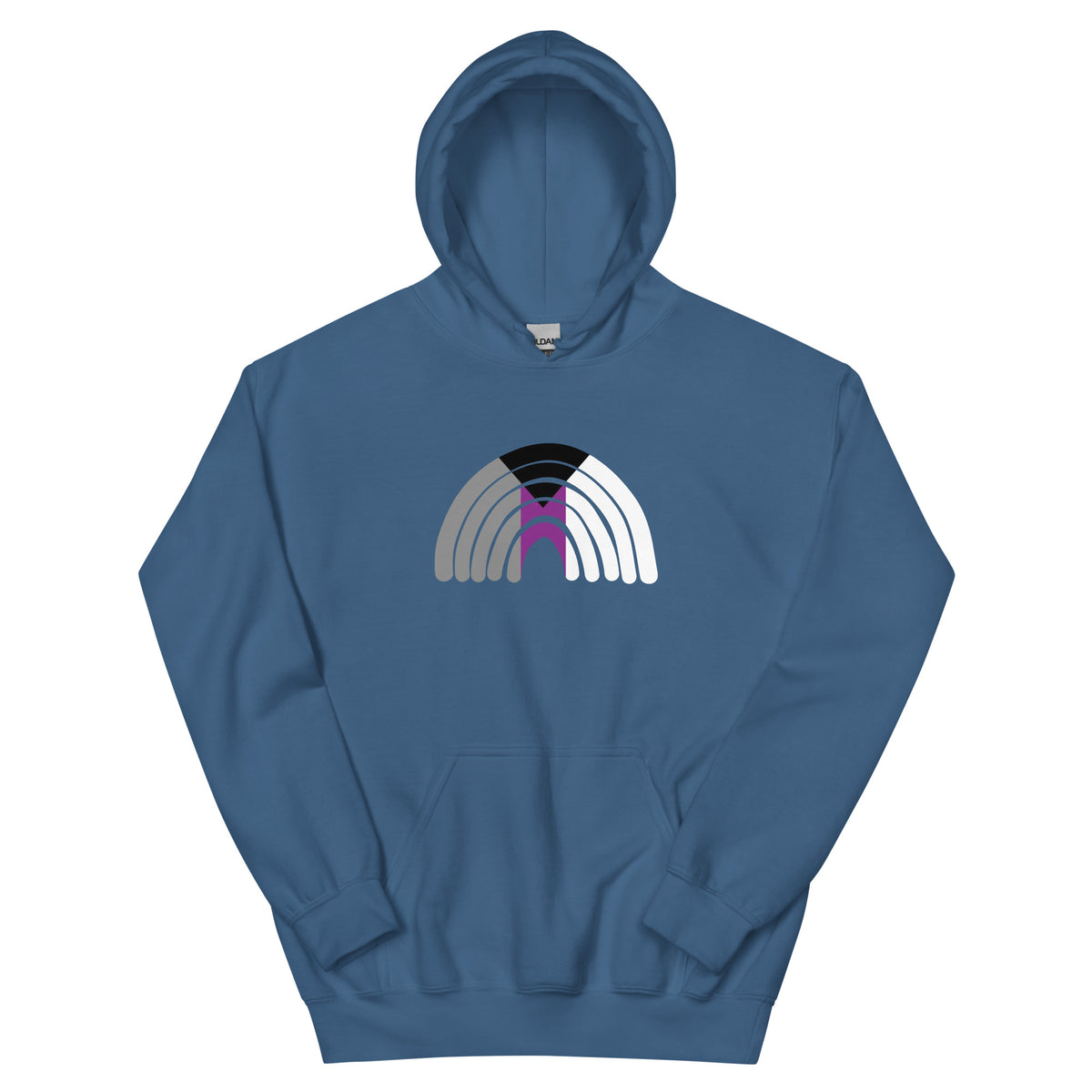 Demi Rainbow Unisex Hoodie in indigo blue, front view