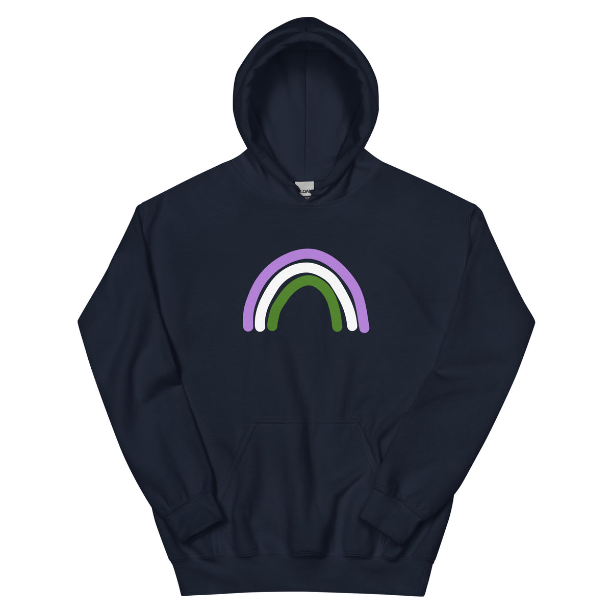 Genderqueer Rainbow Unisex Hoodie in navy, front view