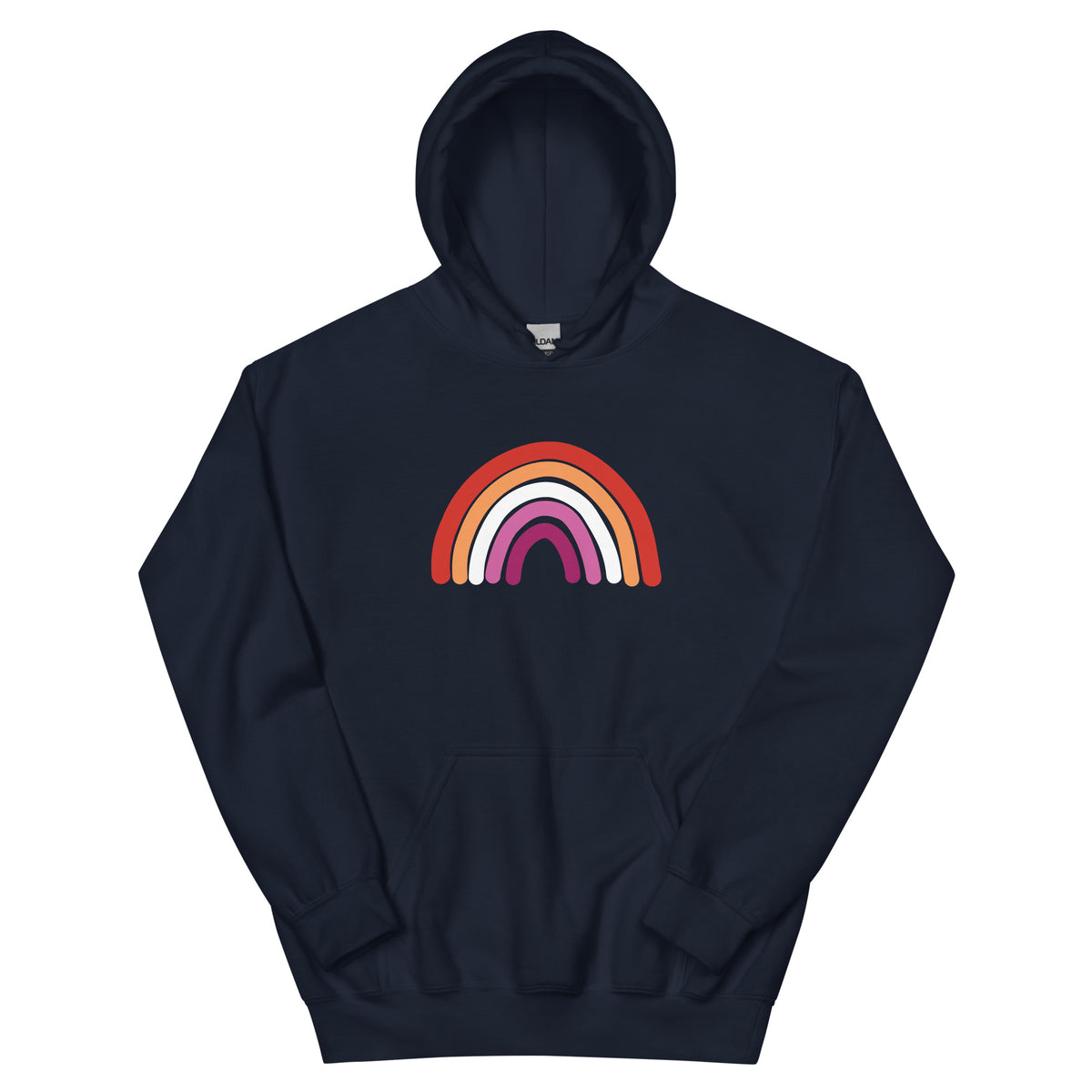 Lesbian Rainbow Unisex Hoodie in navy, front view