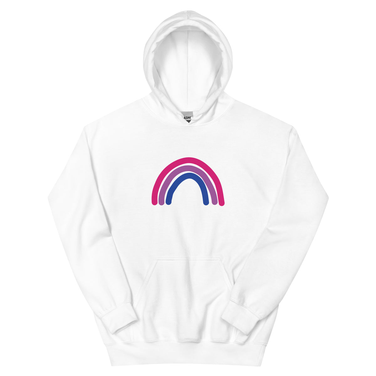 Bi Rainbow Unisex Hoodie in white, front view