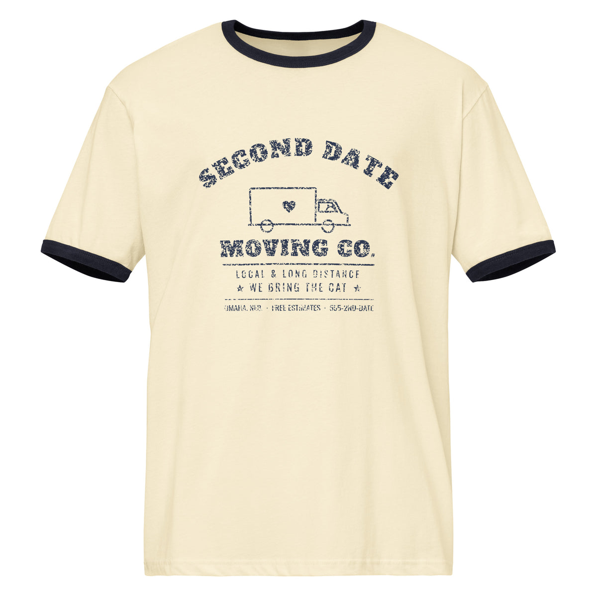 Second Date Moving Co. Ringer Tee: We Bring the Cat in Natural / Midnight Navy, front view