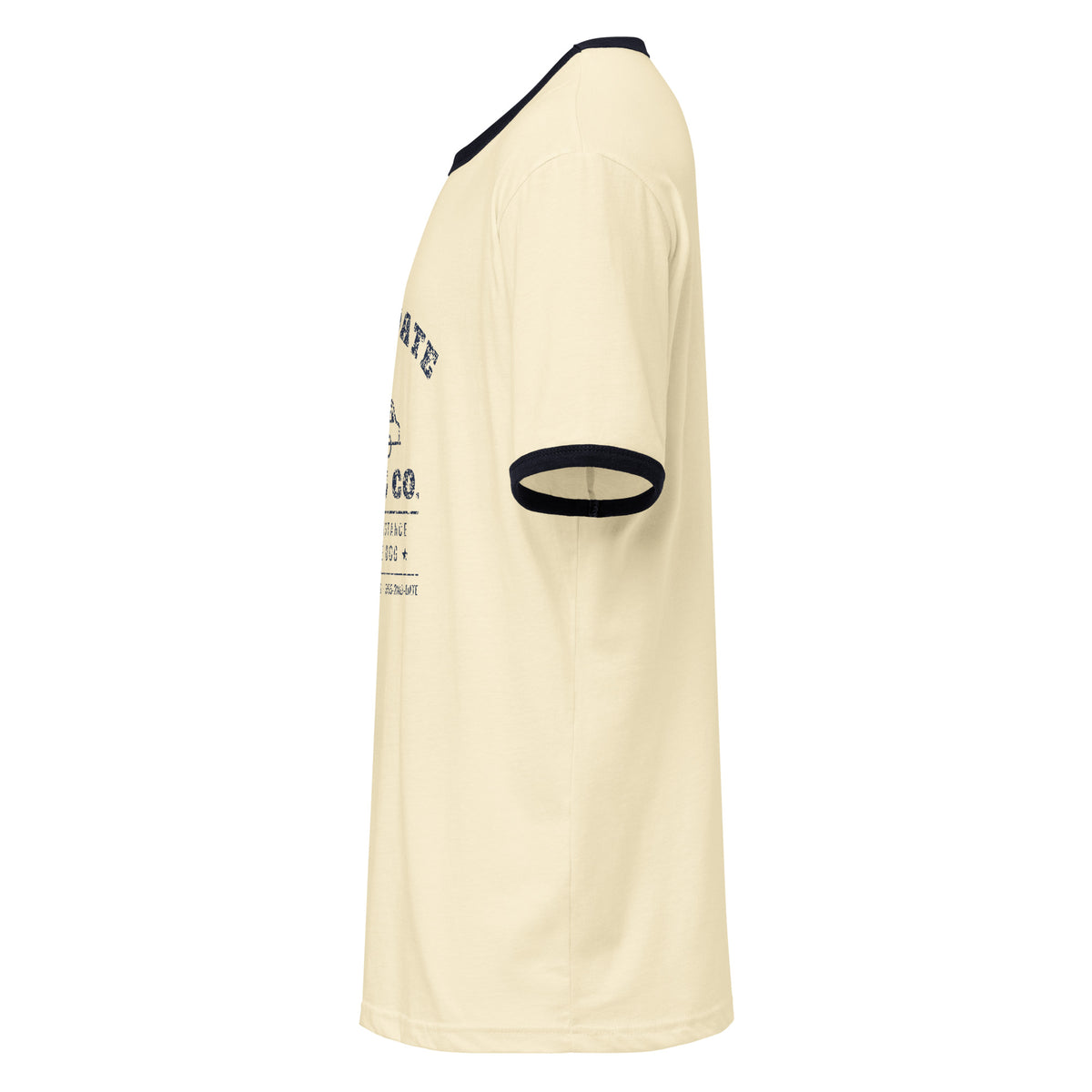Second Date Moving Co. Ringer Tee: We Bring the Dog in Natural / Midnight Navy, left side view