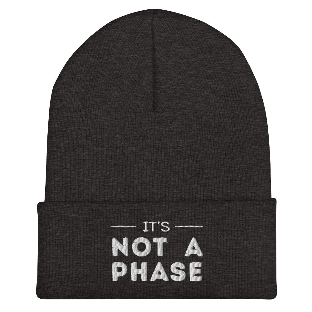 It's Not A Phase Beanie in dark grey, front view