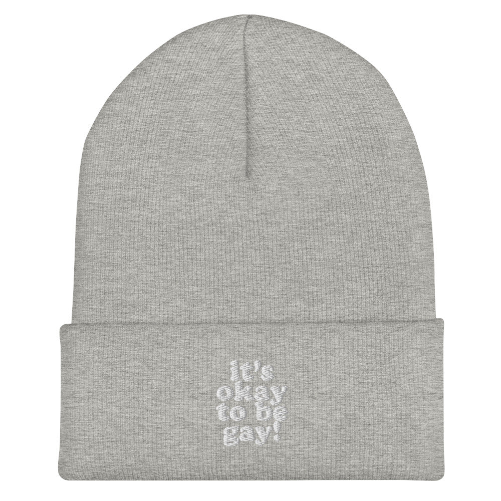 It's Okay To Be Gay Beanie in heather grey, front view