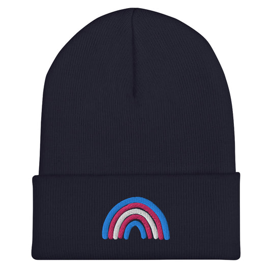 Trans Rainbow Beanie in navy, front view