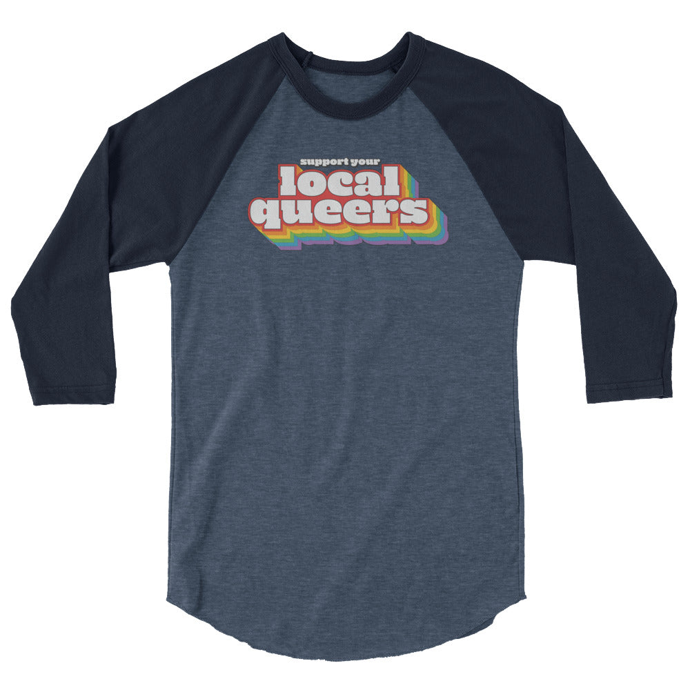 Support Your Local Queers Baseball Tee in heather denim navy, front view