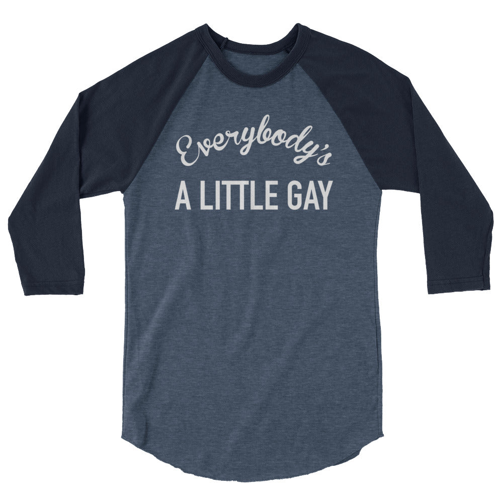Everybody's A Little Gay Baseball Tee in heather denim navy, front view