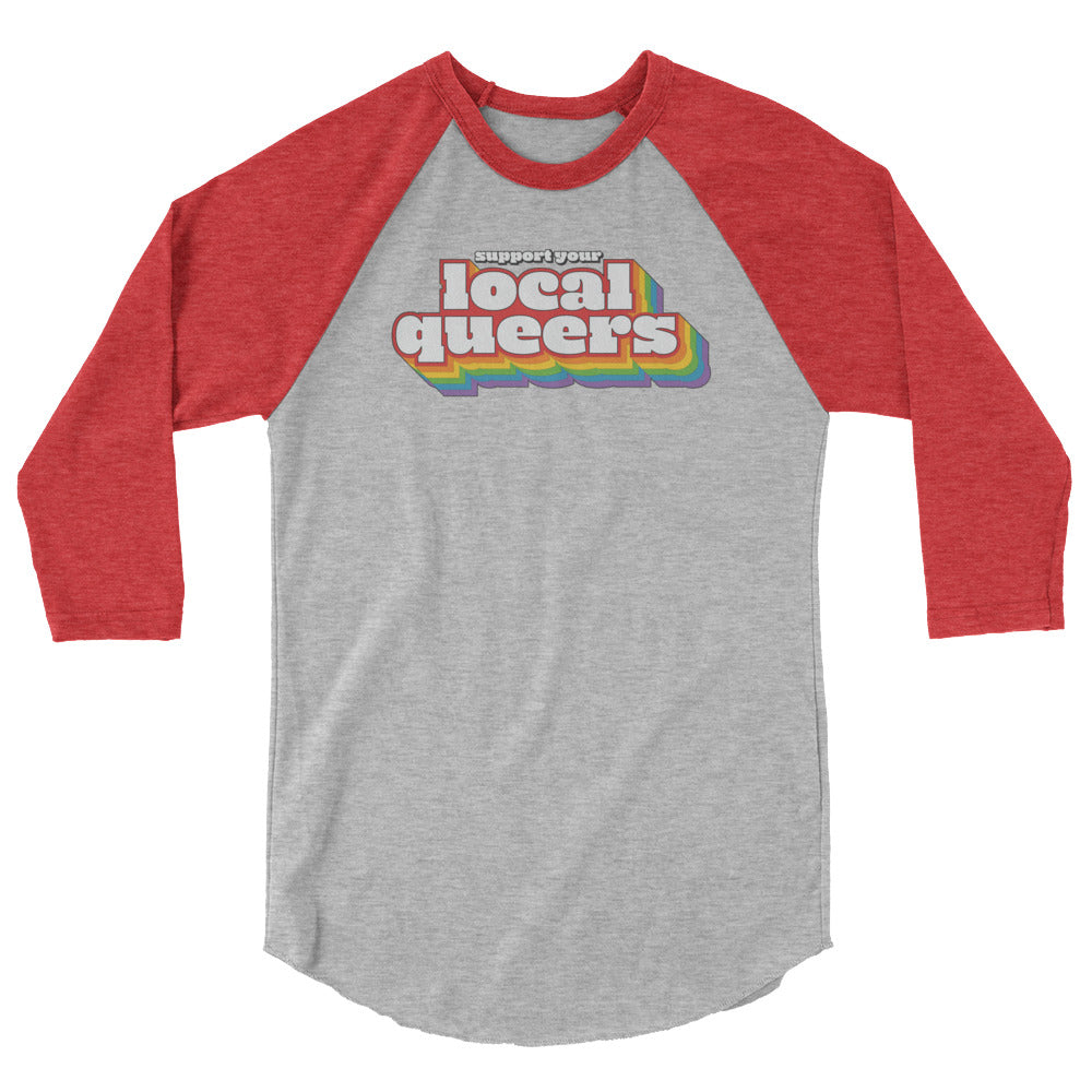 Support Your Local Queers Baseball Tee in heather grey heather red, front view