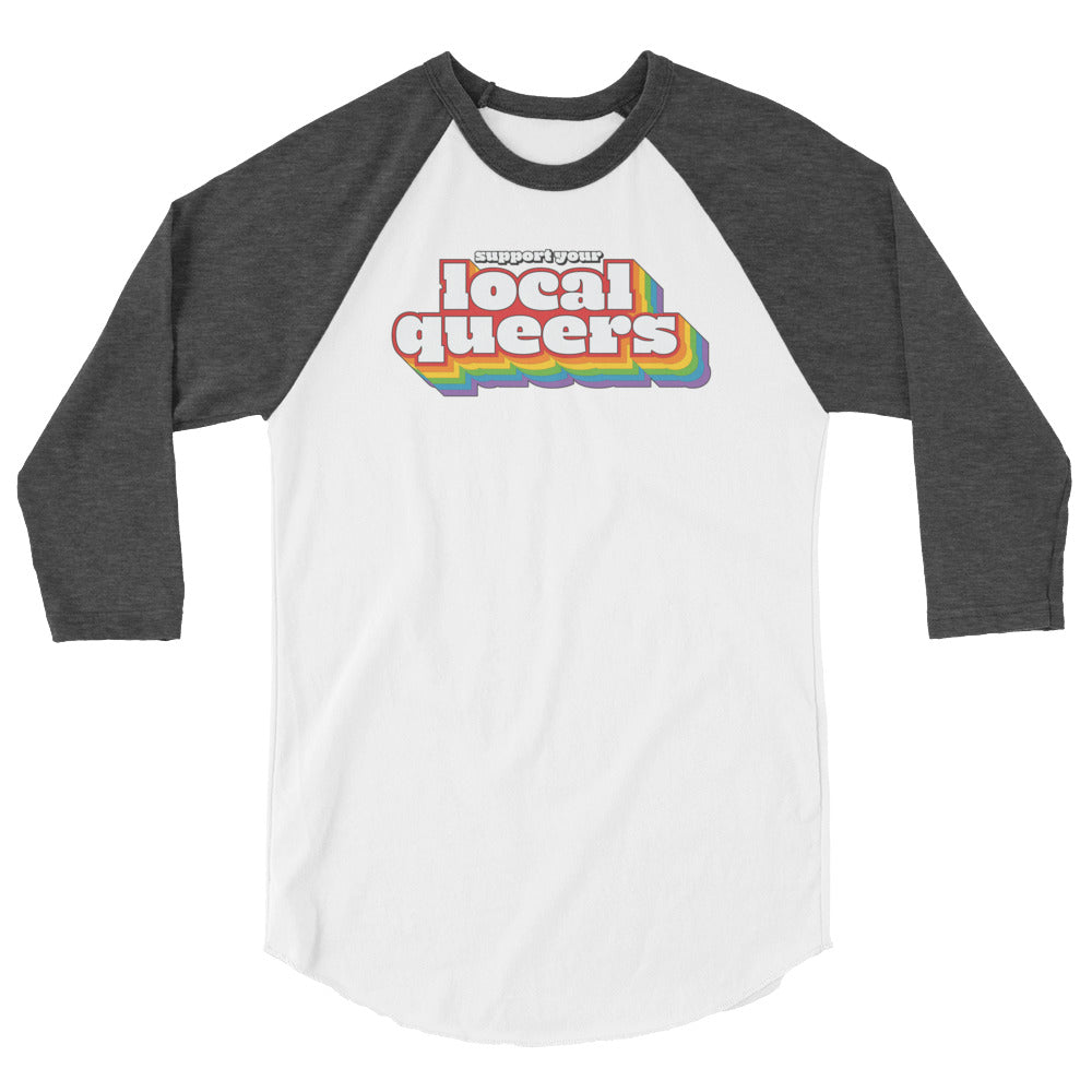 Support Your Local Queers Baseball Tee in white heather charcoal, front view