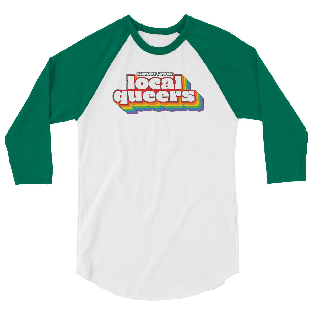 Support Your Local Queers Baseball Tee in white kelly, front view
