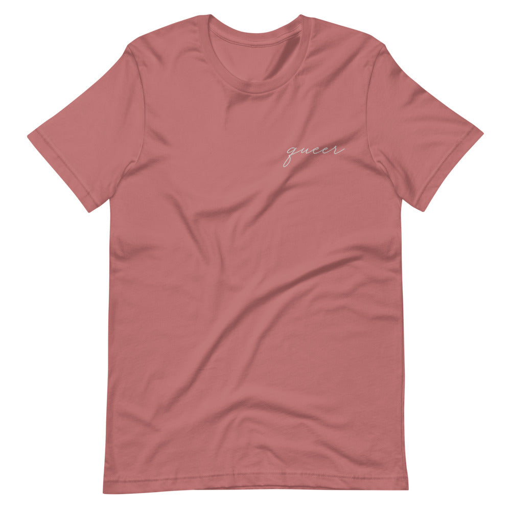 Subtle Queer Embroidered Tee in mauve, front view