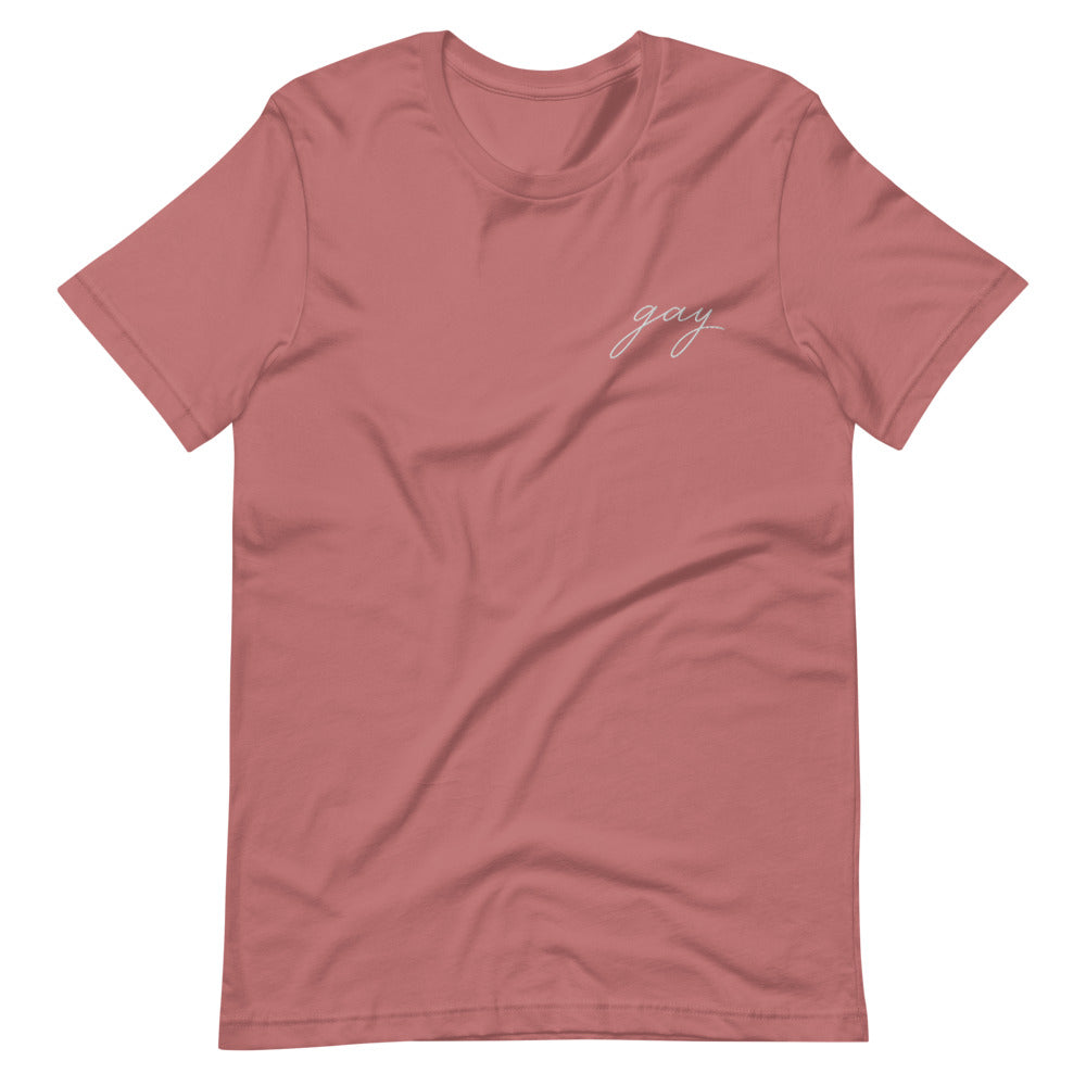 Subtle Gay Embroidered Tee in mauve, front view