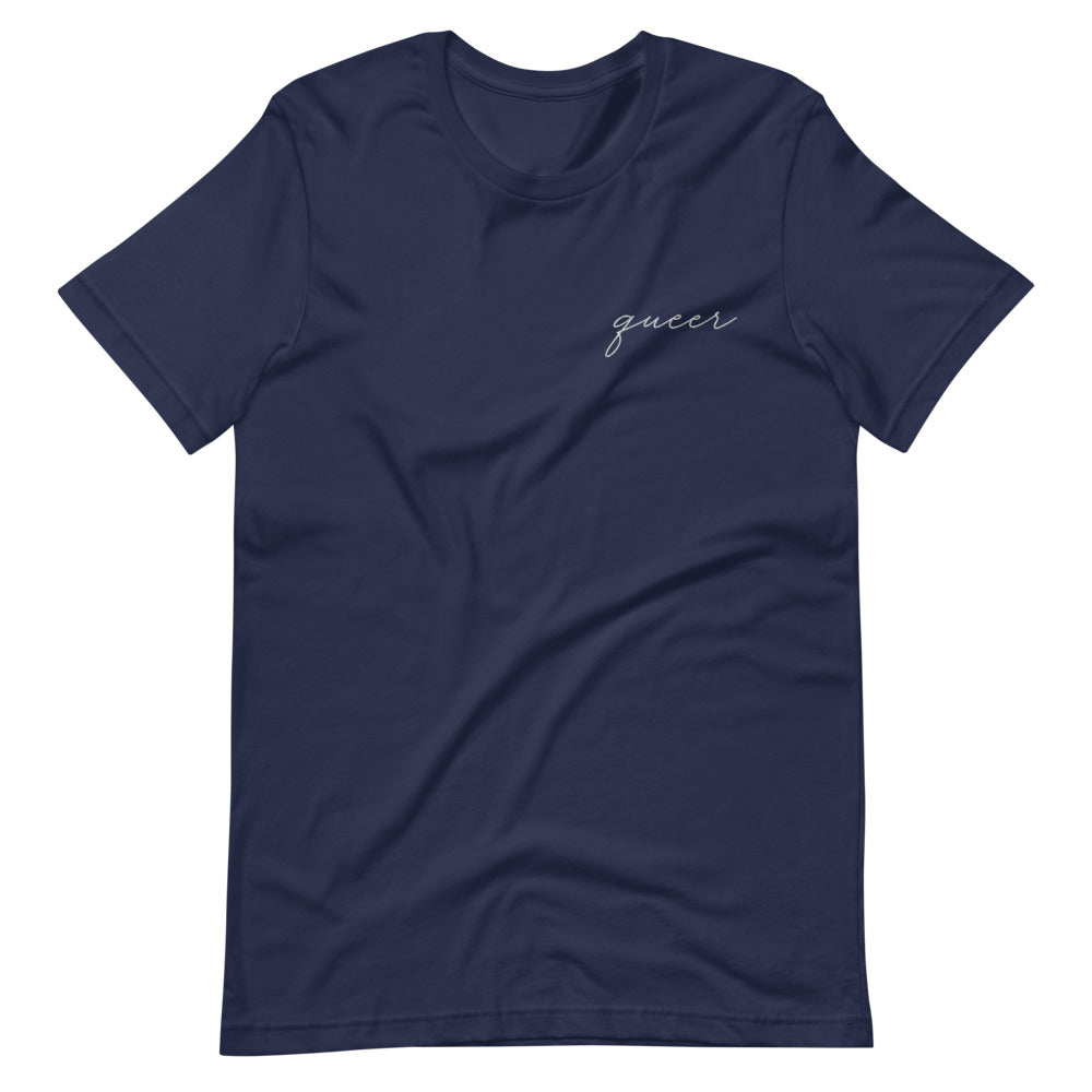 Subtle Queer Embroidered Tee in navy, front view