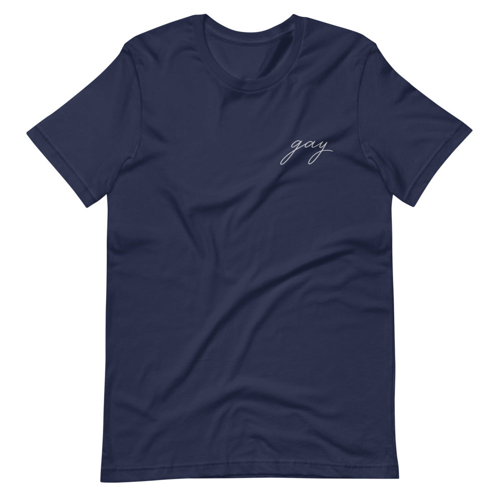 Subtle Gay Embroidered Tee in navy, front view