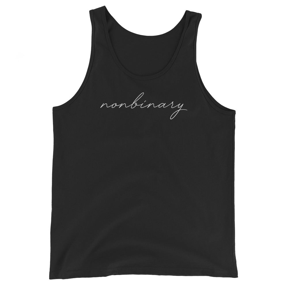 Subtle Nonbinary Bro Tank in black, front view