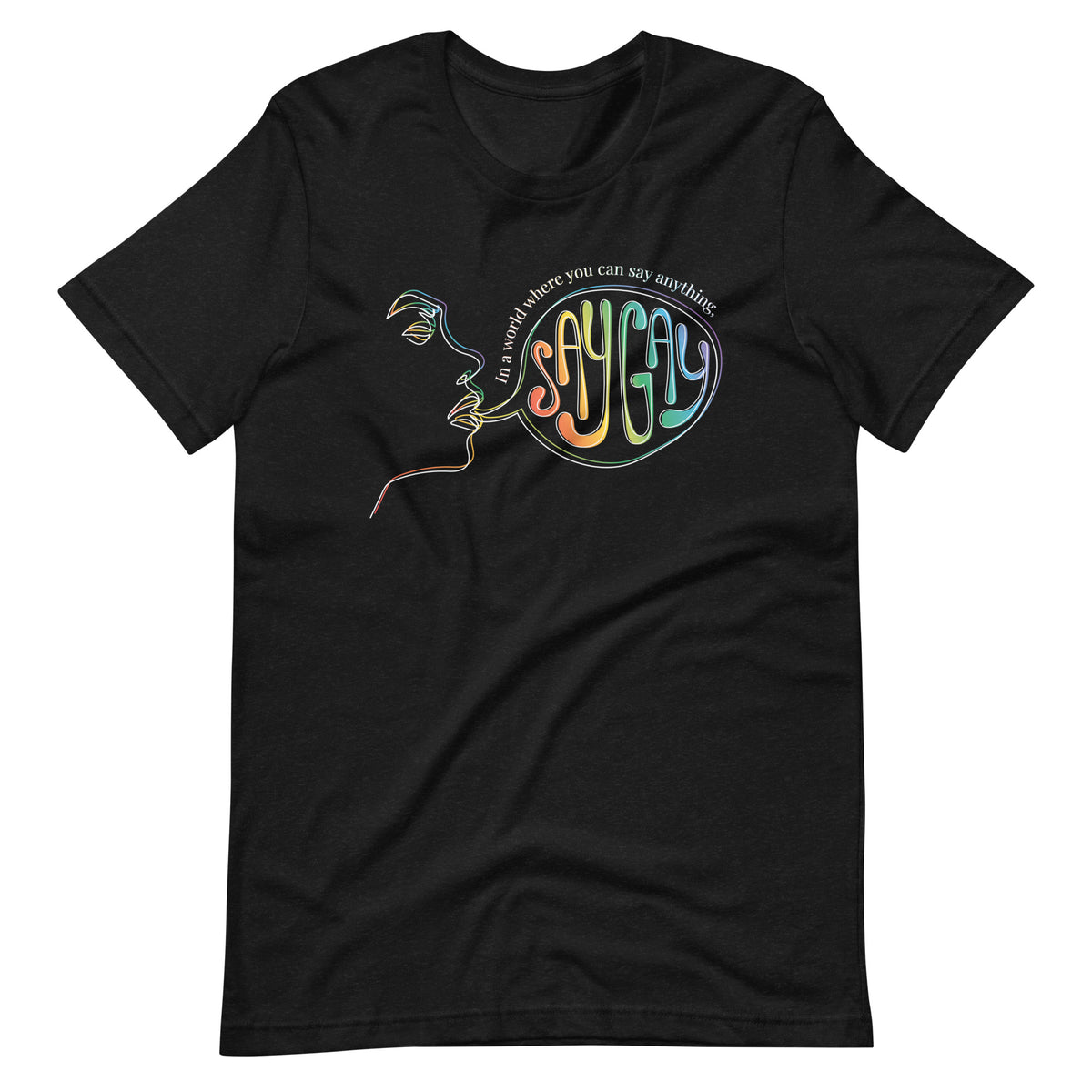 Say Gay Tee in black heather, front view