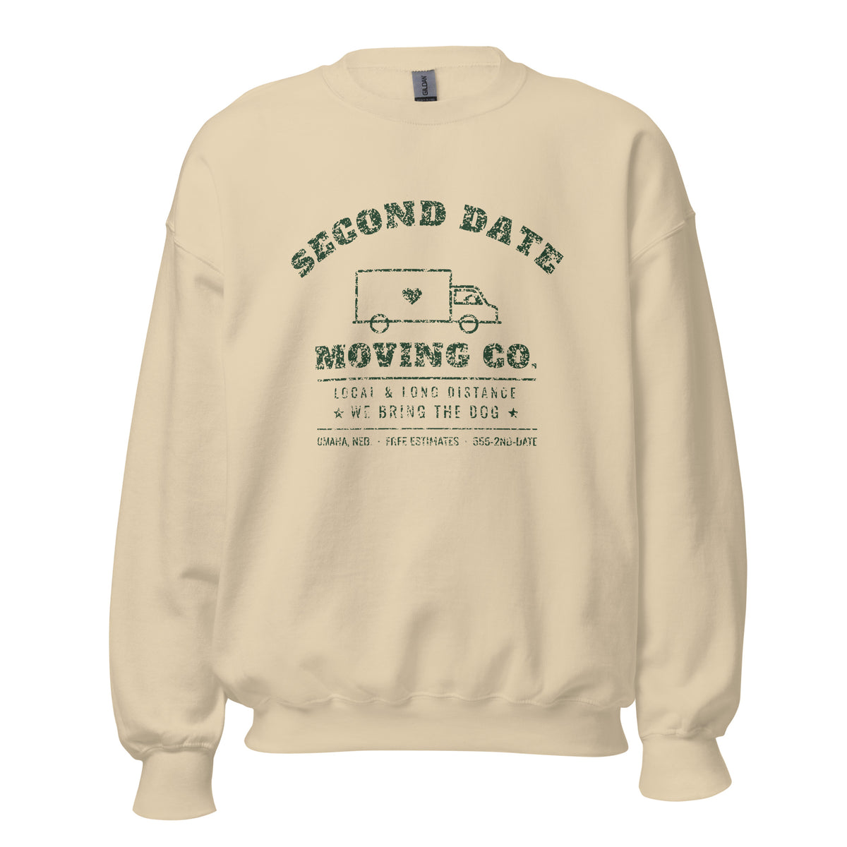 Second Date Moving Co. Crewneck Sweatshirt: We Bring the Dog in Sand, front view