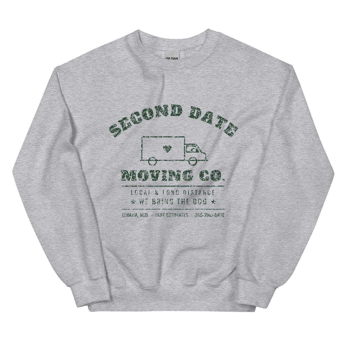 Second Date Moving Co. Crewneck Sweatshirt: We Bring the Dog in Sport Grey, front view
