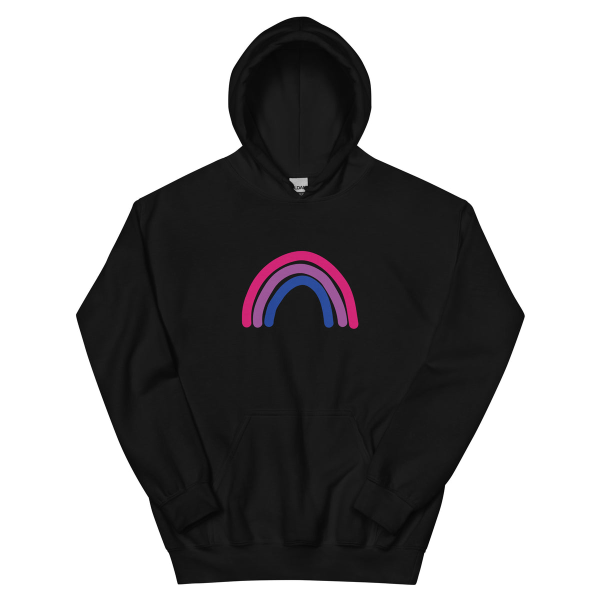 Bi Rainbow Unisex Hoodie in black, front view