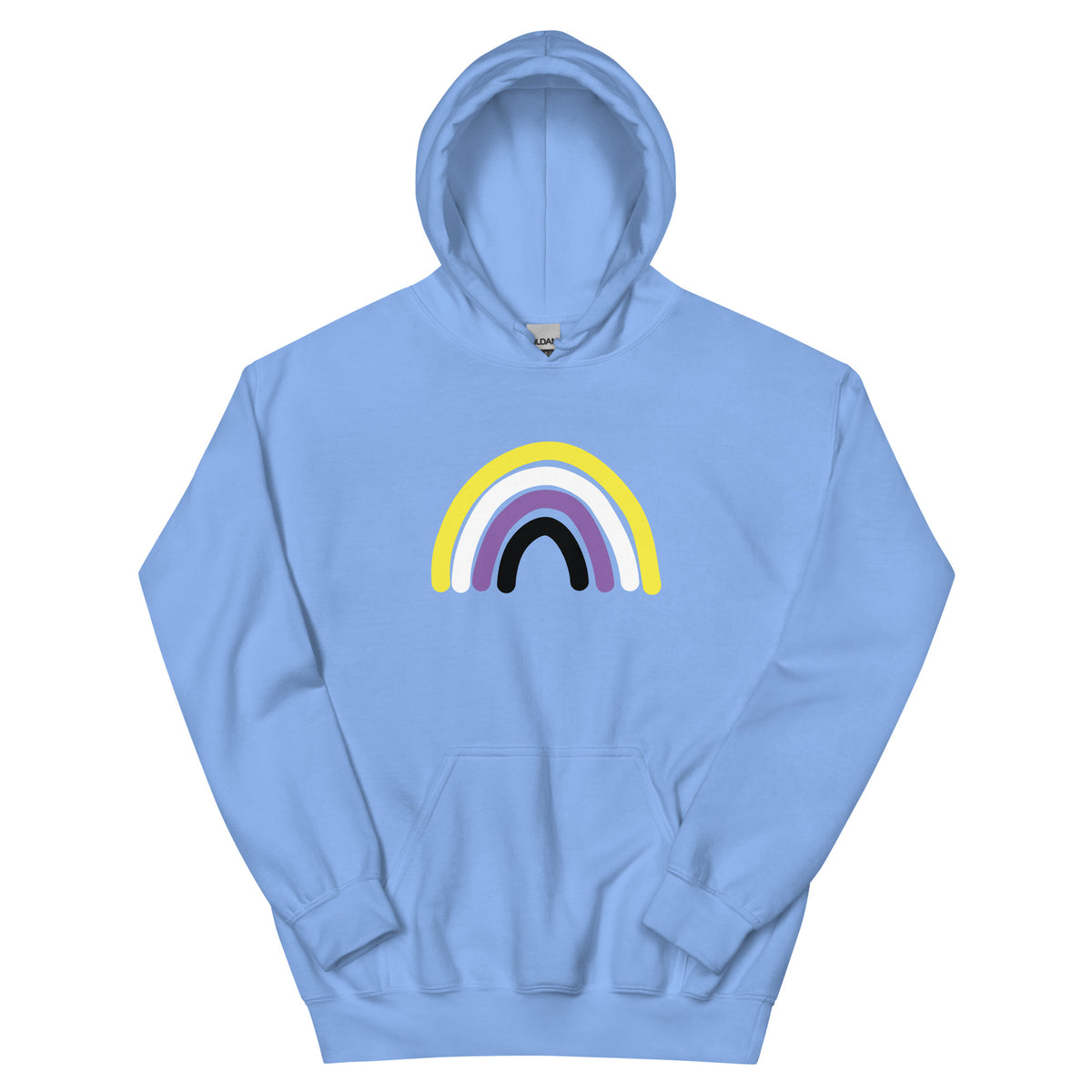 Nonbinary Rainbow Unisex Hoodie in carolina blue, front view