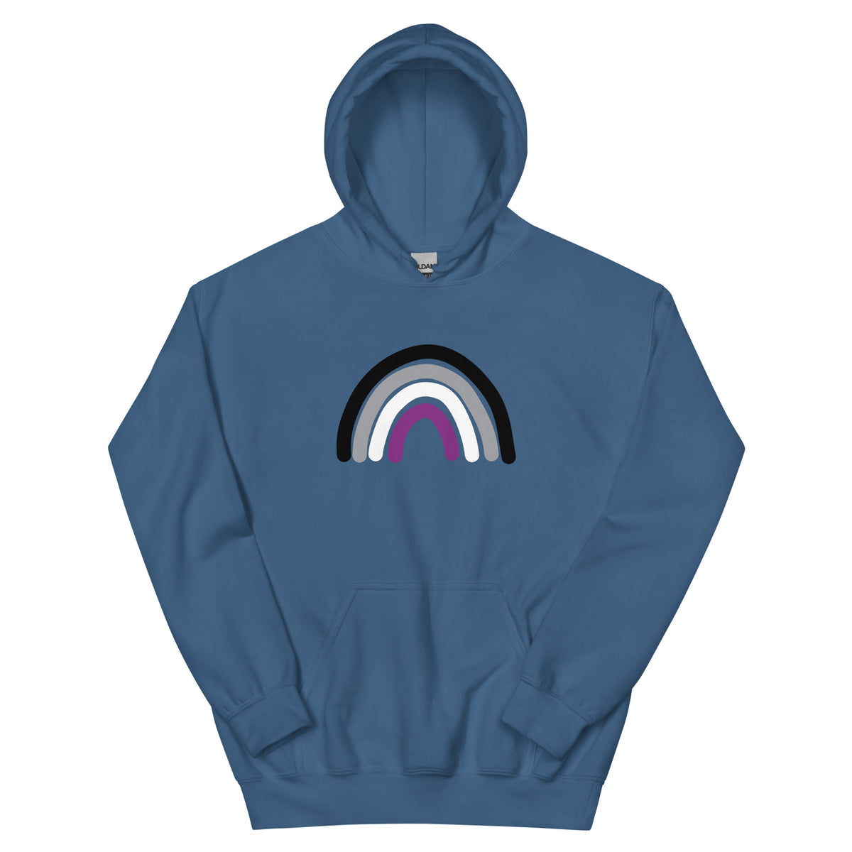 Ace Rainbow Unisex Hoodie in indigo blue, front view