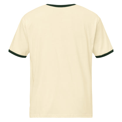 Second Date Moving Co. Ringer Tee: We Bring the Cat in Natural / Forest Green, back view