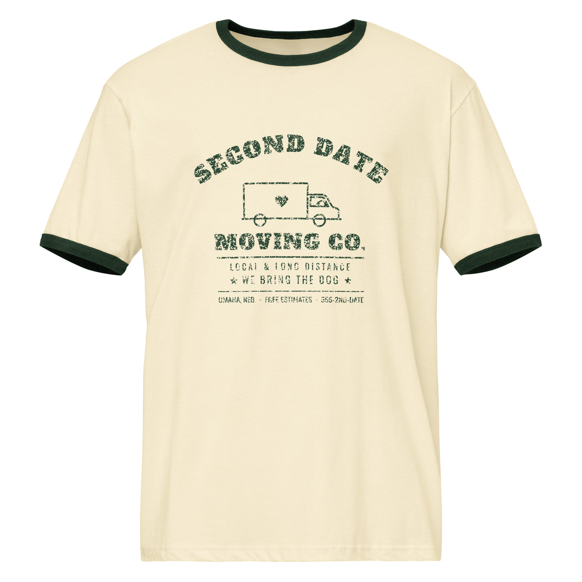 Second Date Moving Co. Ringer Tee: We Bring the Dog in Natural / Forest Green, front view