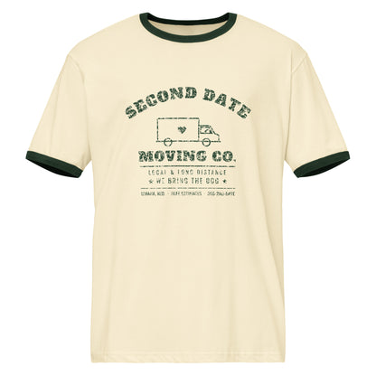 Second Date Moving Co. Ringer Tee: We Bring the Dog in Natural / Forest Green, front view