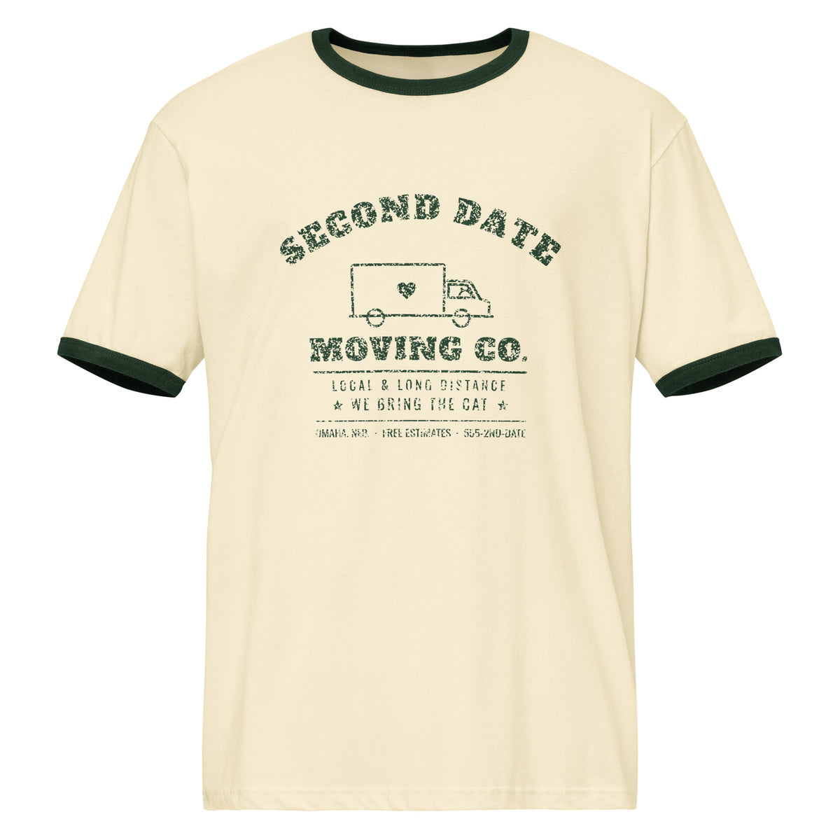 Second Date Moving Co. Ringer Tee: We Bring the Cat in Natural / Forest Green, front view