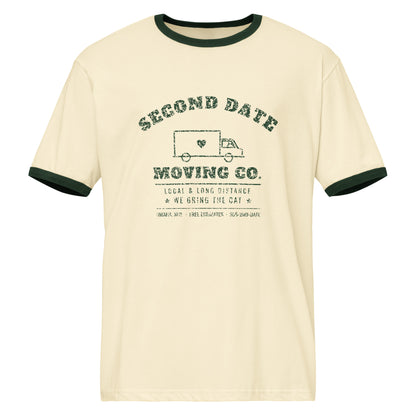 Second Date Moving Co. Ringer Tee: We Bring the Cat in Natural / Forest Green, front view