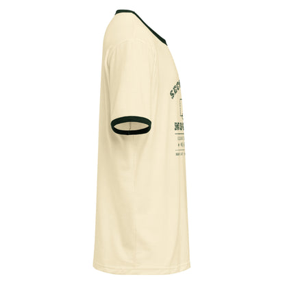 Second Date Moving Co. Ringer Tee: We Bring the Cat in Natural / Forest Green, right side view