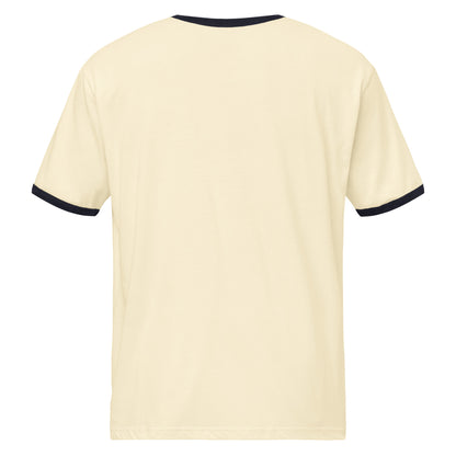 Second Date Moving Co. Ringer Tee: We Bring the Dog in Natural / Midnight Navy, back view