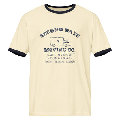 Second Date Moving Co. Ringer Tee: We Bring the Cat in Natural / Midnight Navy, front view