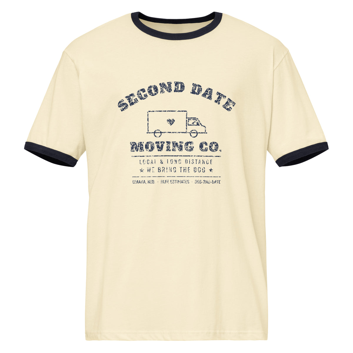 Second Date Moving Co. Ringer Tee: We Bring the Dog in Natural / Midnight Navy, front view