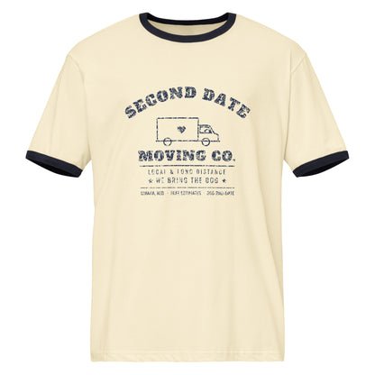 Second Date Moving Co. Ringer Tee: We Bring the Dog in Natural / Midnight Navy, front view