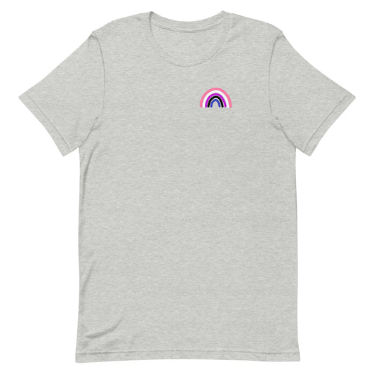 Genderfluid Rainbow Tee in athletic heather, front view