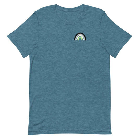 Agender Rainbow Tee in heather deep teal, front view