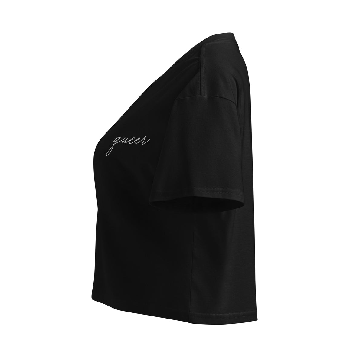 Subtle Queer Crop Tee in black, left view