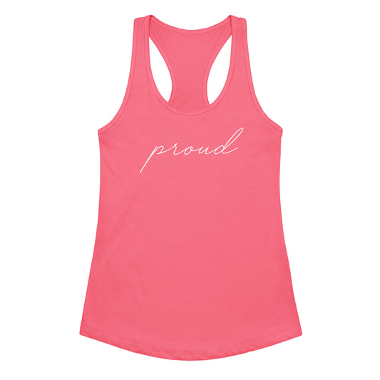 Subtle Proud Racerback Tank in hot pink, front view