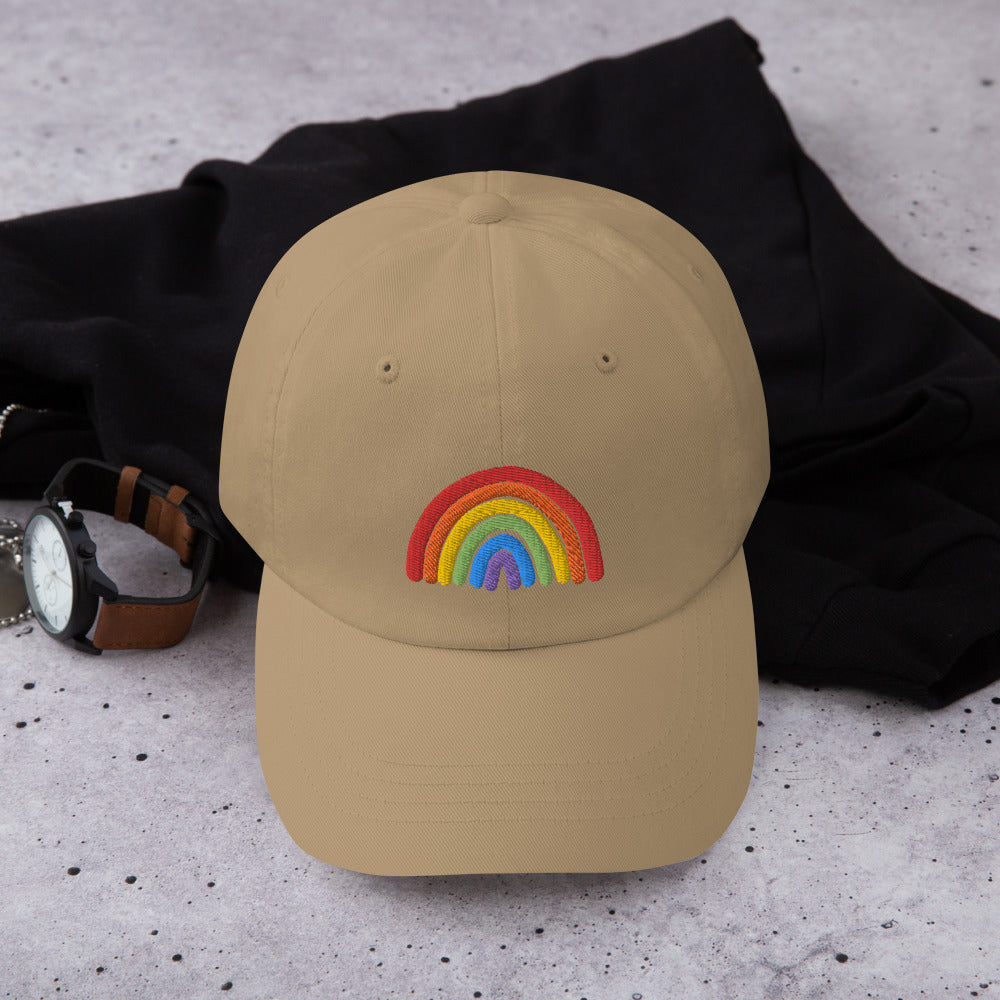 Rainbow Dad Hat in khaki, front view
