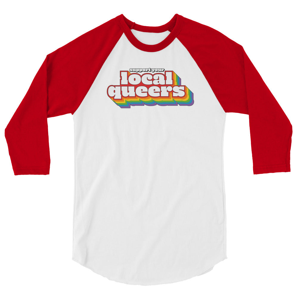 Support Your Local Queers Baseball Tee in white red, front view