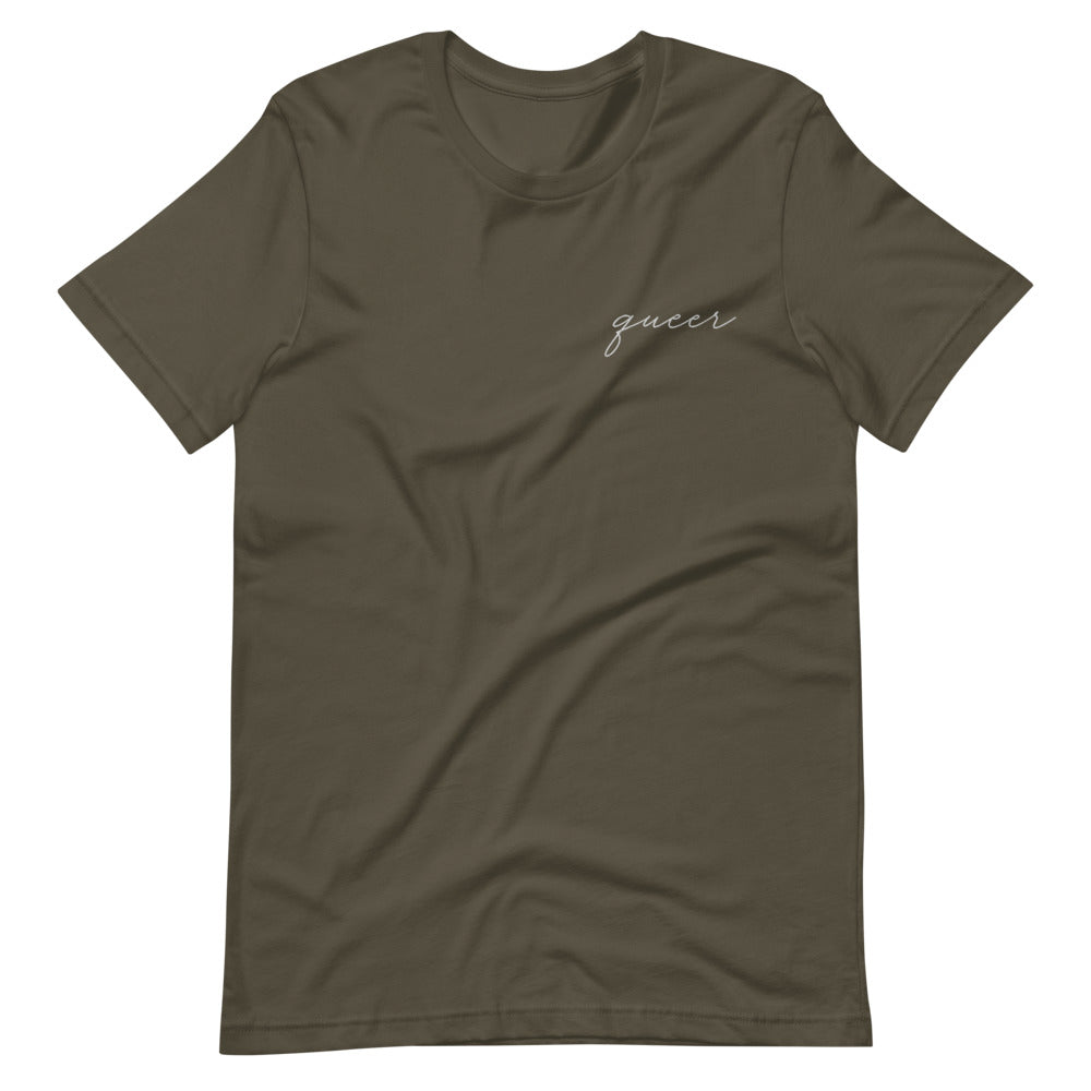 Subtle Queer Embroidered Tee in army, front view