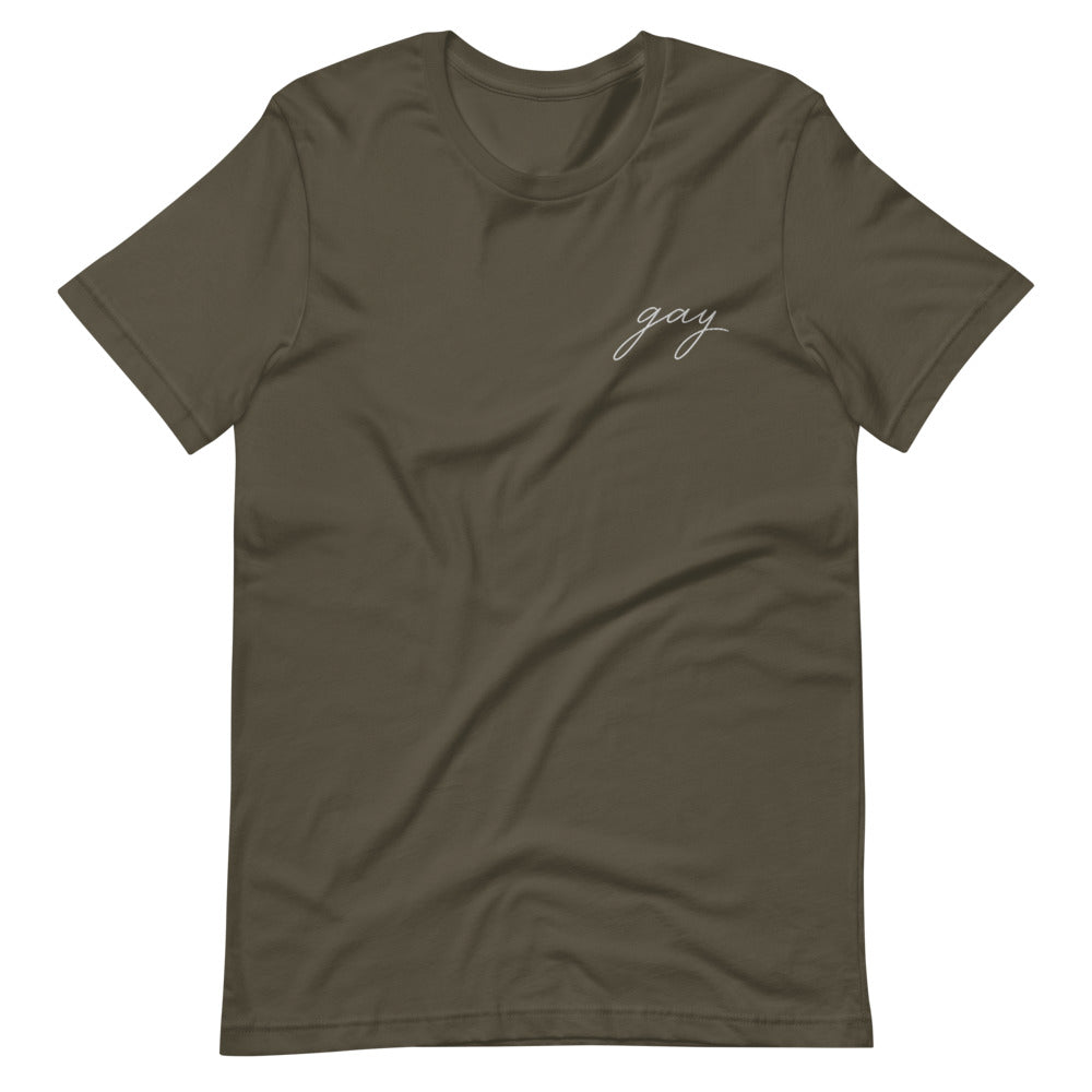 Subtle Gay Embroidered Tee in army, front view