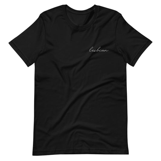 Subtle Lesbian Embroidered Tee in black, front view