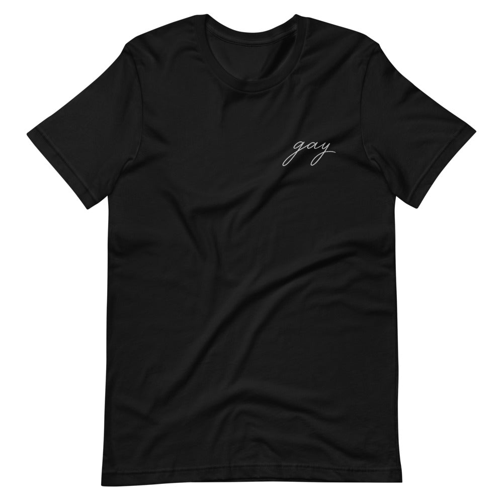 Subtle Gay Embroidered Tee in black, front view