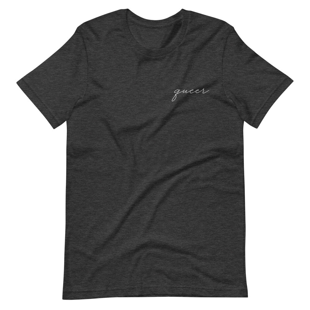 Subtle Queer Embroidered Tee in dark grey heather, front view