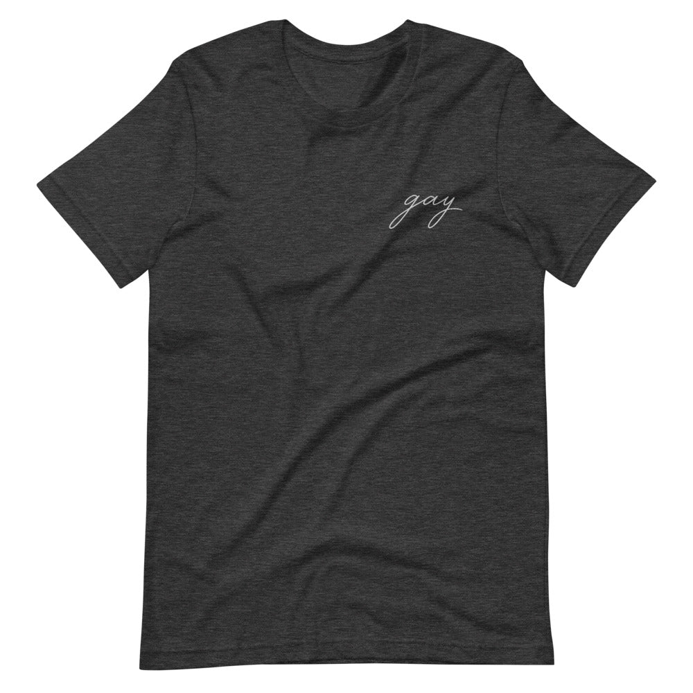 Subtle Gay Embroidered Tee in dark grey heather, front view