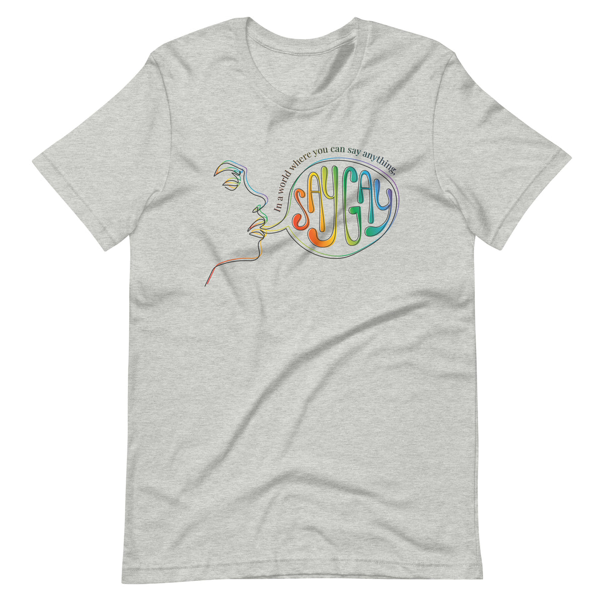 Say Gay Tee in athletic heather, front view