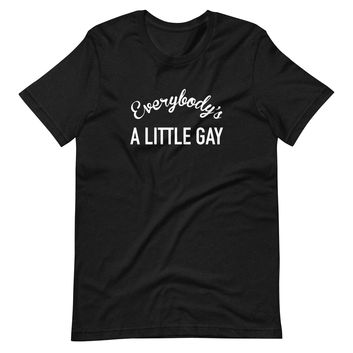 Everybody's A Little Gay Tee in black heather, front view